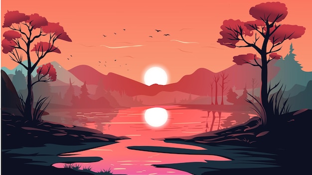 Vibrant vector illustration of mountain landscape on sunset