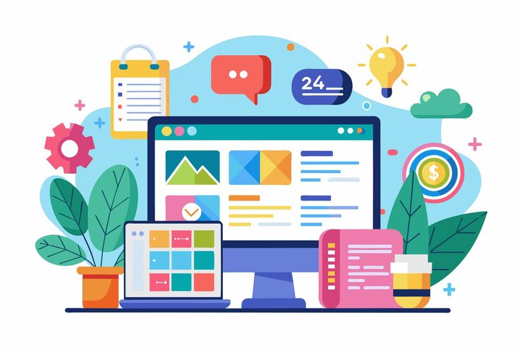 Vector a vibrant workspace features a computer and laptop displaying programming and data analysis concepts html css programming data analysis flat illustration