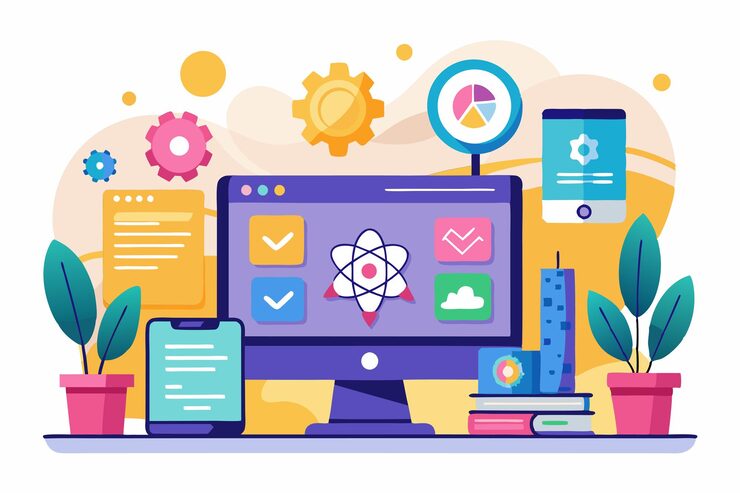 Вектор живое рабочее пространство с компьютером, мобильным устройством и элементами дизайна, подчеркивающими методы веб-разработки настраиваемая плоская иллюстрация с использованием react