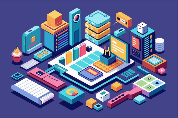 a vibrant workspace showcases coding tools and data visualizations designed for project management hand coding customizable isometric illustration