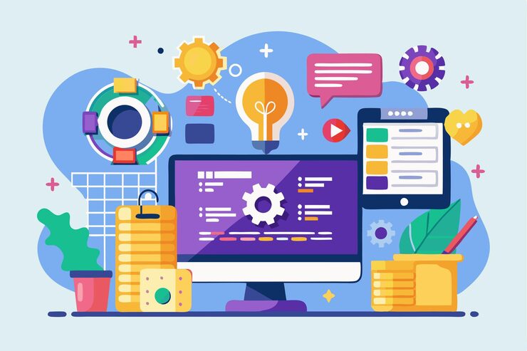 Vector a vibrant workspace showcases customizable programming elements and tools for software development programming customizable flat illustration