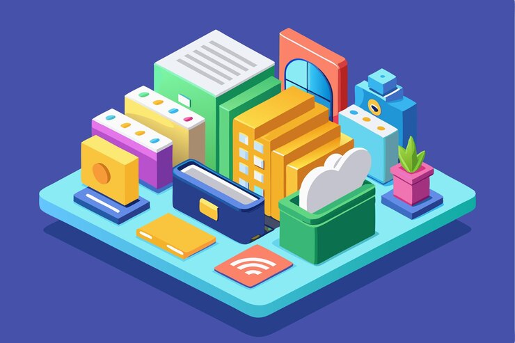 Vector a vibrant workspace showcases office supplies furniture and technology in a stylish isometric design image folder customizable isometric illustration