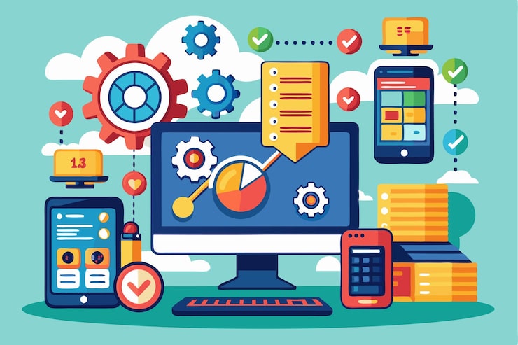 Vector 一個充滿活力的工作空間,在多個屏幕上展示操作系統的升級,並以輪和圖表表示操作系統升級可定制的不成比例插圖