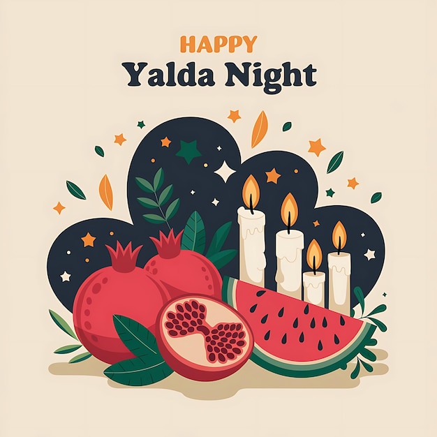 Vibrant Yalda Night Celebration with Pomegranates Candles and Watermelon Design Premium AI