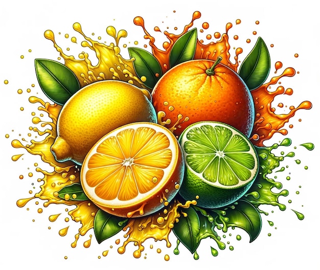 Vector vibrante illustratie van citrusvruchten met sapjes