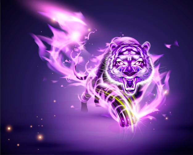 Vector vicious tiger with purple burning flame