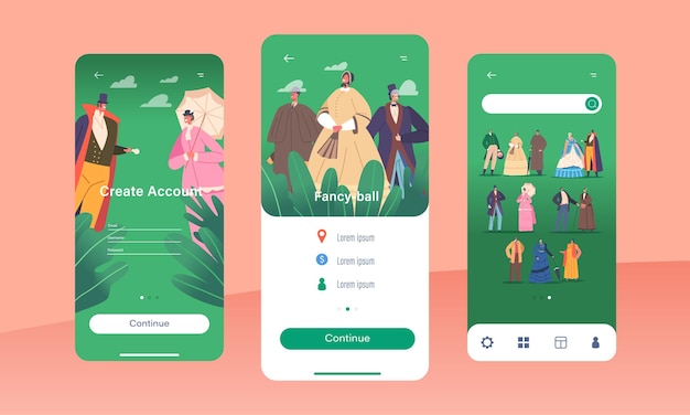 ビクトリア朝のアンティーク ファッション モバイル アプリ ページ オンボード画面テンプレート 19 世紀のヨーロッパの紳士淑女