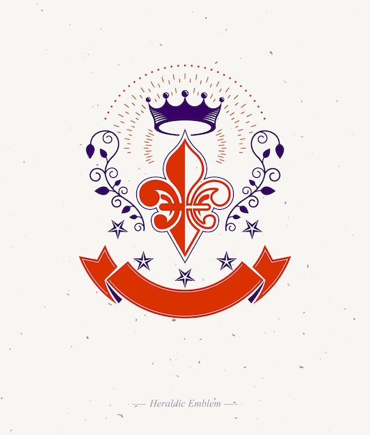 Vector victorian colorful emblem composed using lily flower and monarch crown royal quality award vector design element business label