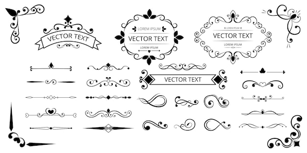 Victorian flourish scroll wedding frames Vintage text decorations ornamental curved swirls Elegant vignette arrow underlines line ornamental vector recent calligraphic illustration