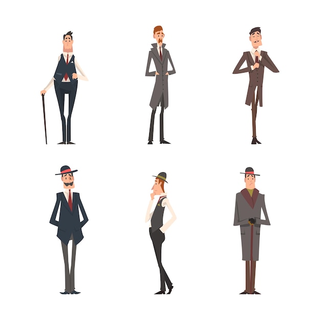Victorian Gentleman in Elegant Suit with Respectful Manner Standing Vector Set