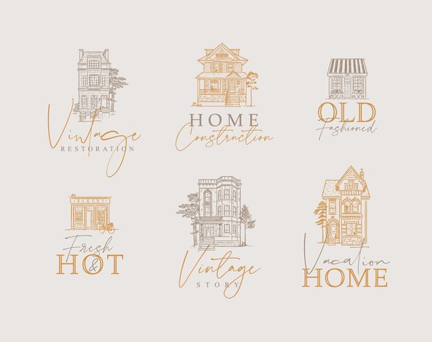 Victorian houses with lettering drawing in old fashioned vintage style on beige background