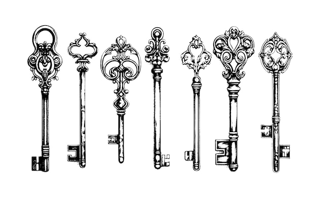 Vettore illustrazione d'epoca collezione di chiavi vittoriane set di serrature gotiche medievali chiavi vettoriali in incisione