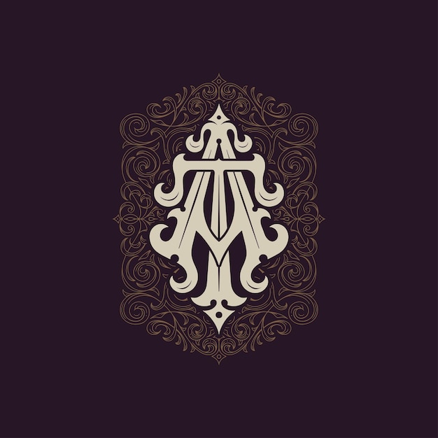 Victorian monogram initial AT or TA Badge logo design For a stationery invitation or branding etc