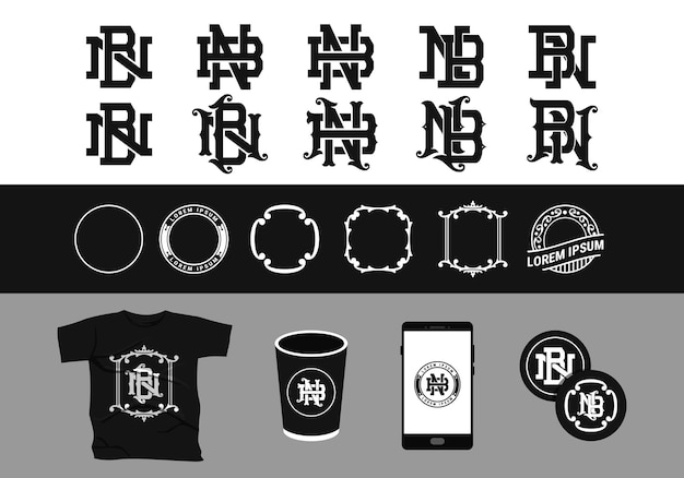 Vettore monogramma vittoriano nb bn logo e cornice completati con tshirt cup smartphone e mockup adesivo