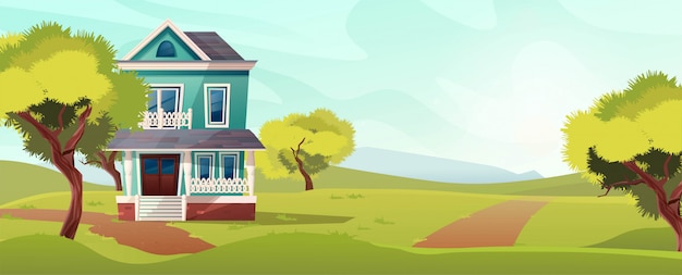 Vector victorian retro style building. cartoon illustration of an apartment house on nature landscape.  .