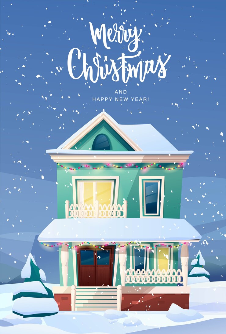 Victorian retro style buildings with fir tree at yard, light from windows, lanterns for Christmas.