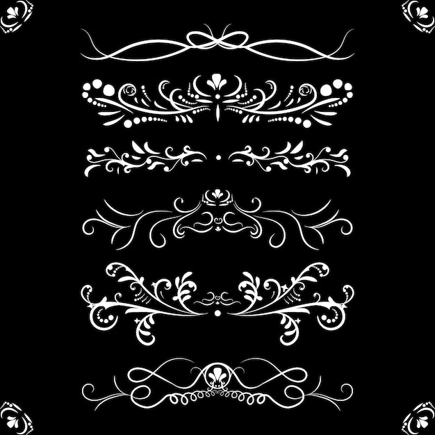 Victorian set white ornate page decor elements banners frames dividers ornaments and patterns on black background vector collection of calligraphic swirl design elements