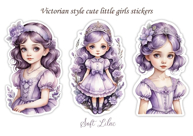 Vettore stickers per ragazze carine in stile vittoriano, morbido lilac 1