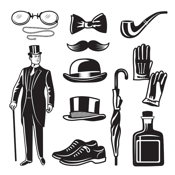 Vector victorian style monochrome illustrations for gentleman club.  pictures set. english gentleman clothing in suit, accessories umbrella and gloves