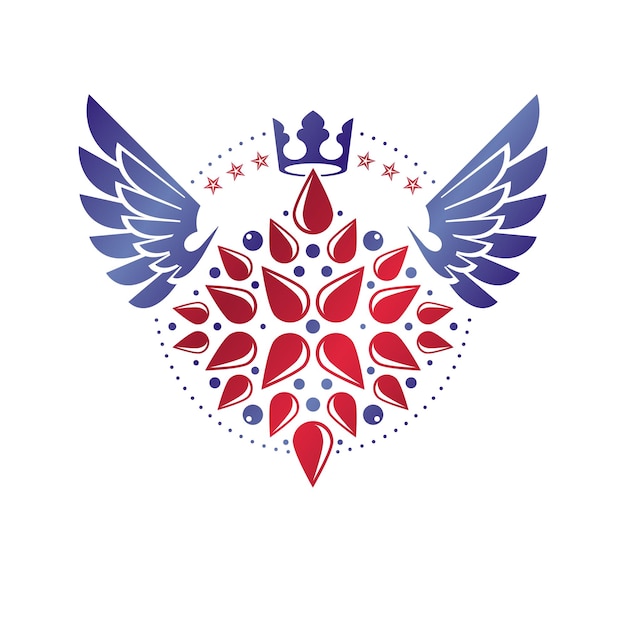 Victorian winged emblem composed using lily flower, monarch crown and pentagonal stars. Royal quality award vector design element, business label.