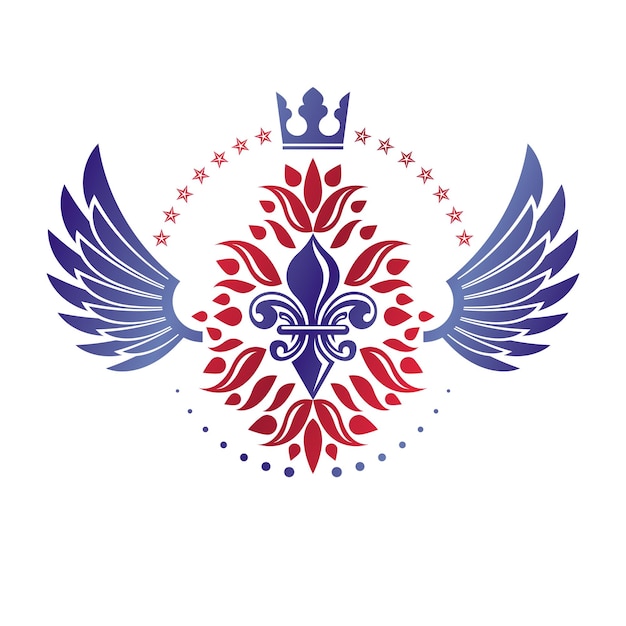 Victorian winged emblem composed using lily flower, monarch crown and pentagonal stars. Royal quality award vector design element, business label.