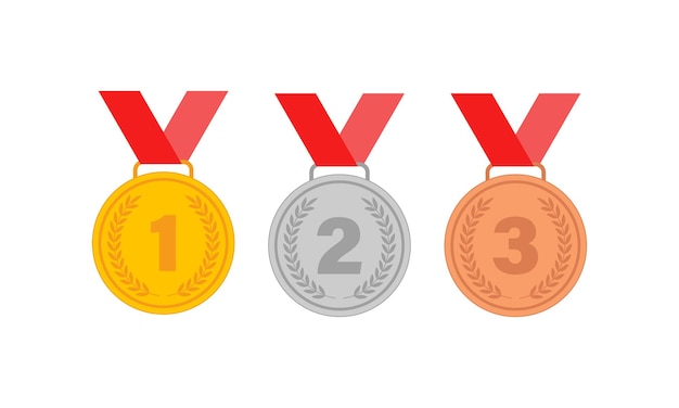 Victory award medals with red ribbon gold, silver and bronze for sports apps and websites