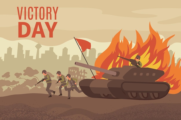 Vector victory day card with the military rides and tank through a ruined city