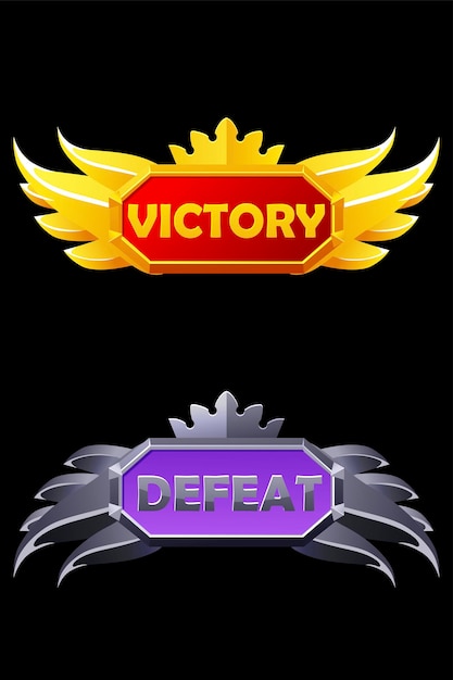 Victory and defeat pop up golden assets award with crown for game set logo metal banner with wings