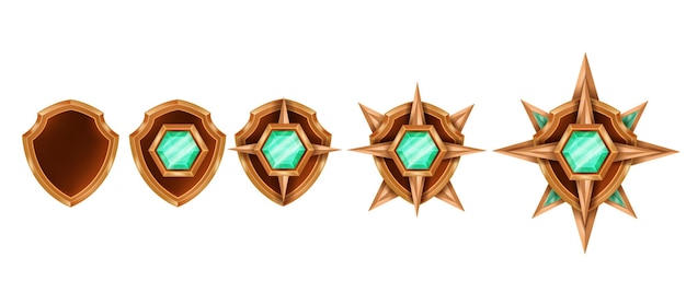 Victory game badge set vector rank medal award trophy kit bronze shield green emerald crystal