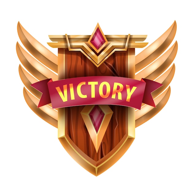 Victory game badge vector icon UI trophy achievement medal gold wings red ribbon wooden shield