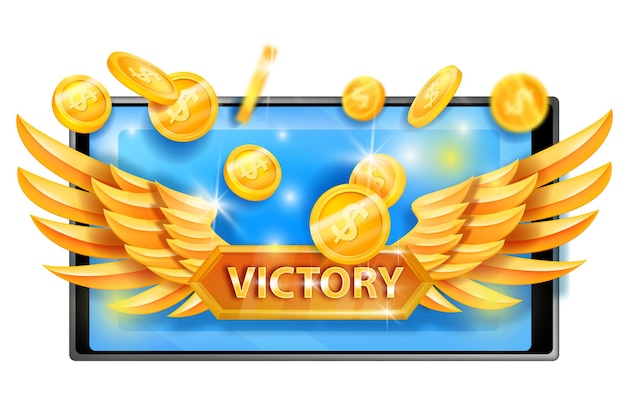 Vector victory game concept winner reward vector icon dollar coins smartphone screen golden wings