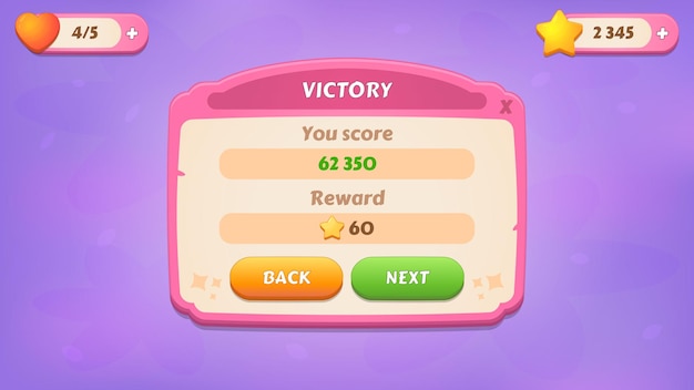 Victory GUI Kit casual assets voor een mobiele game, een set gebruikersinterface-elementen en pop-ups voor de game-interface