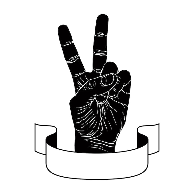 Vector victory hand sign with ribbon, triumph emblem, detailed black and white vector illustration.