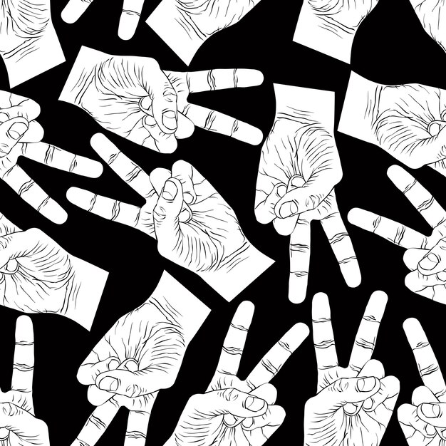 Victory hand signs seamless pattern, vector black and white background for wallpapers, textile or other designs.