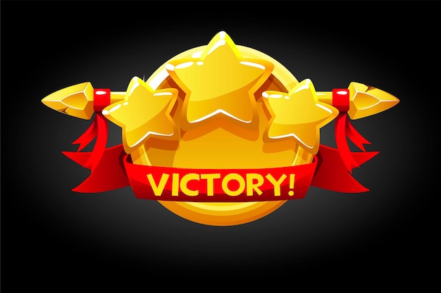 Vector victory pop up, golden round banner assets for game.