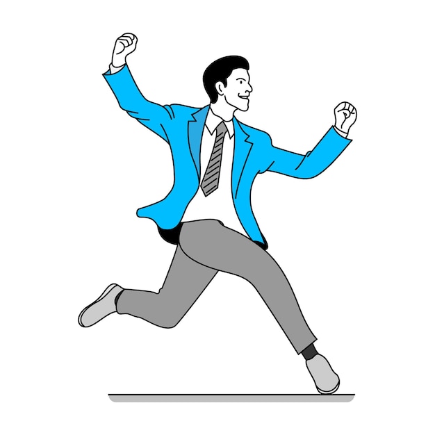 Victory or success happy businessman jump with raised arms flat vector line art minimal