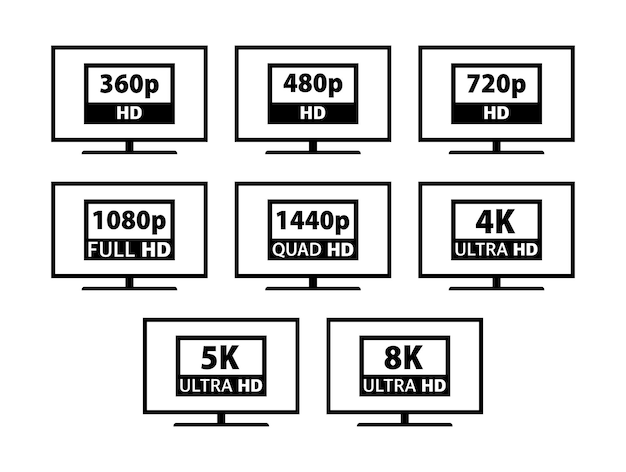 벡터 비디오 및 tv 크기 해상도 sd hd ultra hd 4k 8k 화면 디스플레이 해상도