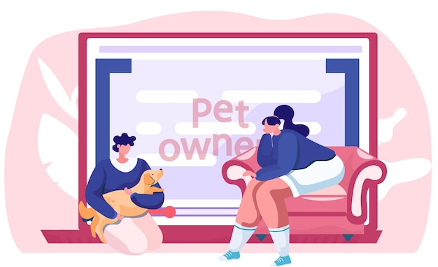 Vector video blog for pet owners women near computer screen with tutorial about keeping dogs at home