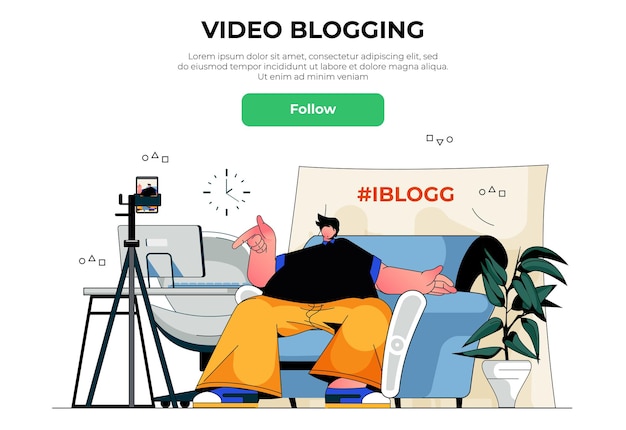 Video bloggen webbanner concept. Man blogger of vlogger die video-inhoud opneemt, livestreaming voor volgers vanaf telefoon, sjabloon voor bestemmingspagina's. Vectorillustratie met mensenscène in plat ontwerp