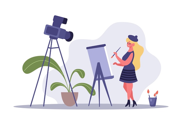 Video blogger and content creators vlogger painting Vector of video online and vlog blogger blog illustration live illustration