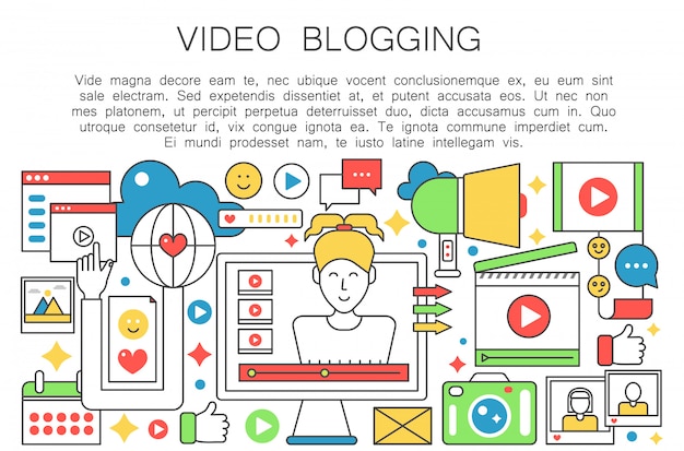 Video blogger platte lijn concept