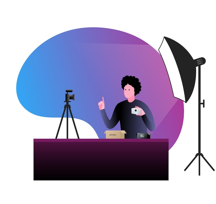 Vector video blogger reviewing camera in front of camera