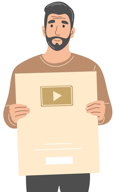 Vector video blogger with a golden youtube button