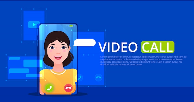 A video call banner. online talking with girl on a mobile phone. icons with a speak bubble.  cartoon illustration.