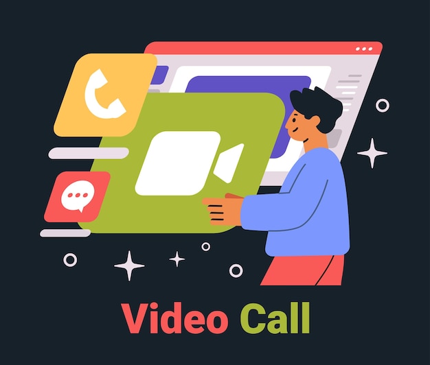 Video call concept persoon die video chat iconen donkere modus interface kleurrijke elementen website