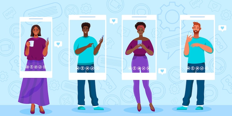 Vector video call or conference vector illustration with standing young multi-national people using phones
