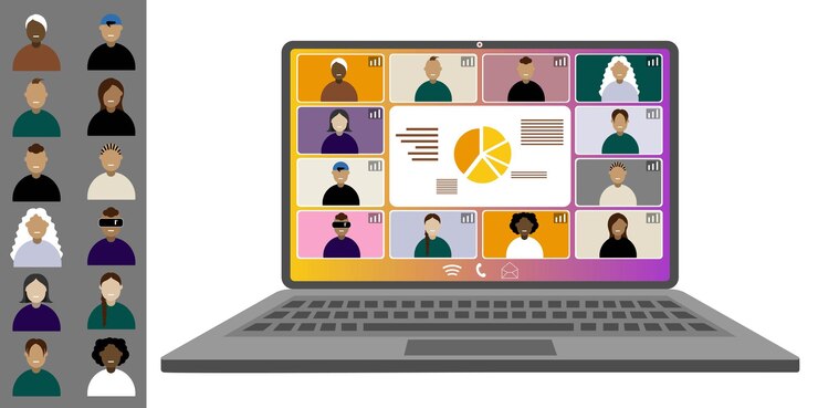 Vector video call conference working from home colleagues of different nationalities ages talk on laptop