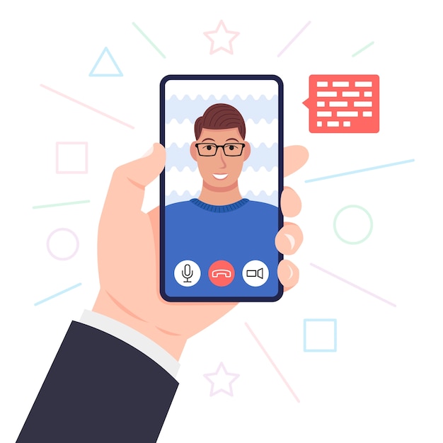 Vector video call. hand holding smartphone. young man with glasses on screen. .