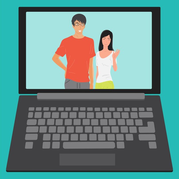 Video call on laptop communication of people vector illustration