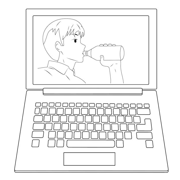 Video call on laptop The guy is drinking water black and white